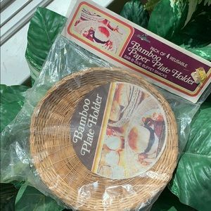Vintage 70s Pack of 4 Bamboo Plate Holders, Retro Kitchen Decor, Rattan Wicker